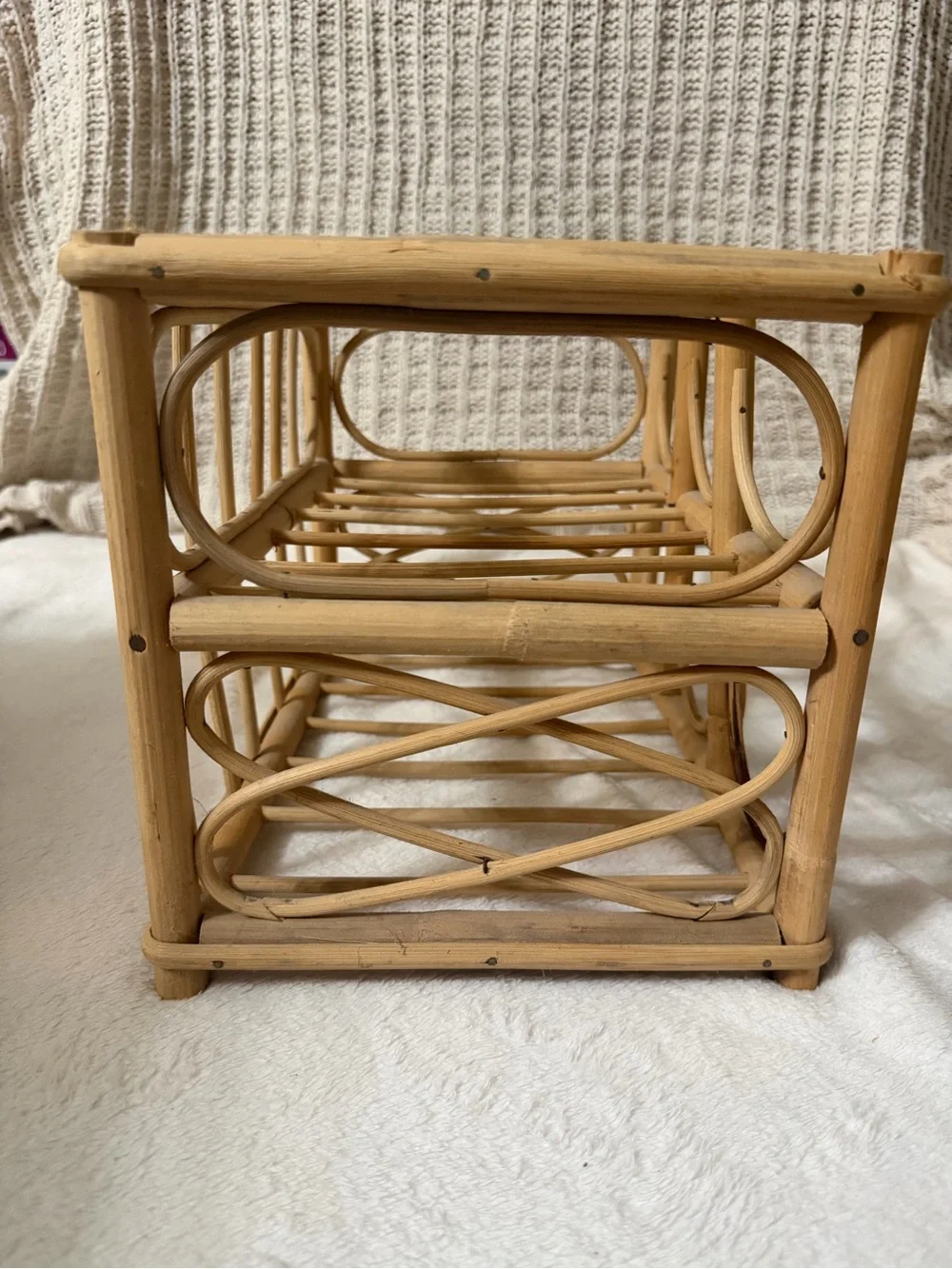 Rattan Wine Rack Stand 6 Bottle Storage Boho Vintage Mid-Century Modern
